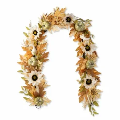 Glitzhome® 72" Fall Neutral Sunflower, Pumpkin and Leaf Garland