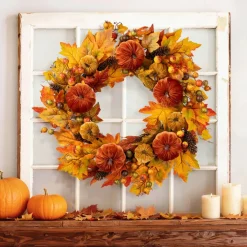Glitzhome® 24" Fall Velvet Pumpkin, Pinecone & Berry Wreath with Black Metal Wreath Hanger