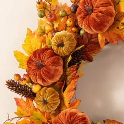Glitzhome® 24" Fall Velvet Pumpkin, Pinecone & Berry Wreath with Black Metal Wreath Hanger