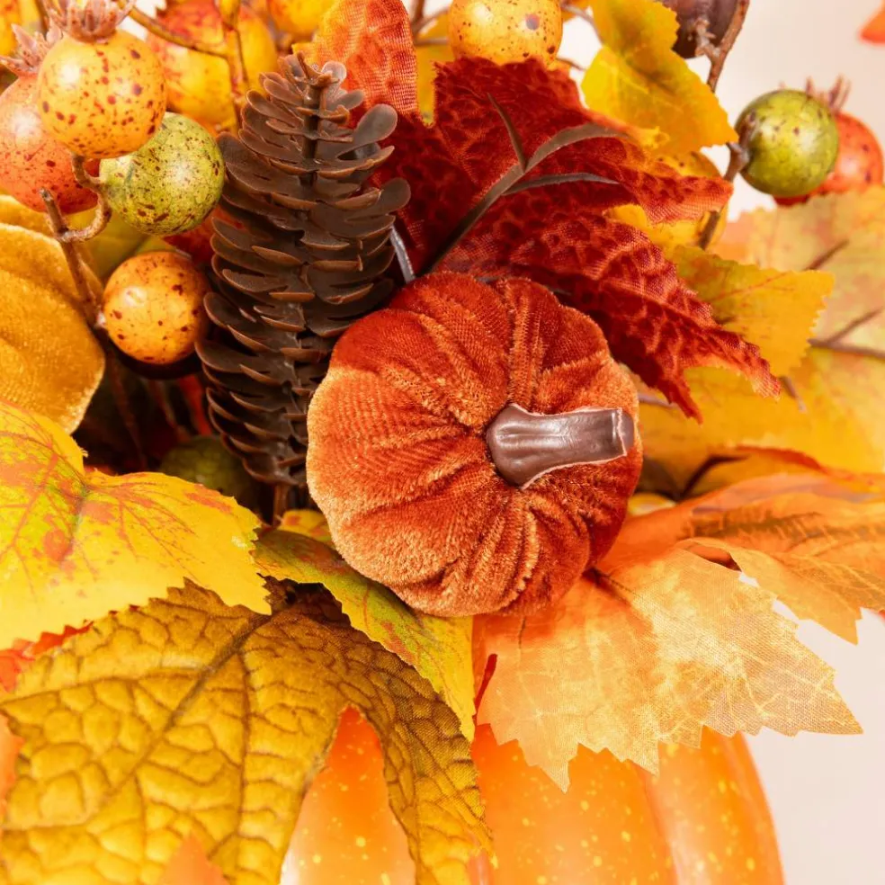 Glitzhome® 15" Fall Velvet Pumpkin, Pinecone & Berry Centerpiece
