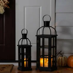 Glitzhome® Farmhouse Black Wood & Metal Lantern Set