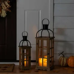 Glitzhome® Farmhouse Natural Wood & Black Metal Lantern Set