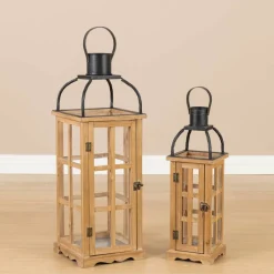 Glitzhome® Farmhouse Natural Wood & Black Metal Lantern Set