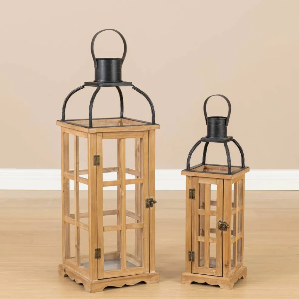 Glitzhome® Farmhouse Natural Wood & Black Metal Lantern Set