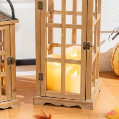 Glitzhome® Farmhouse Natural Wood & Black Metal Lantern Set