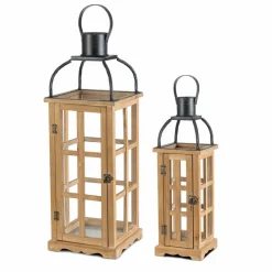 Glitzhome® Farmhouse Natural Wood & Black Metal Lantern Set