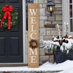 Glitzhome® 5ft. Brown Welcome Wood Porch Sign with 4 Changeable Wreaths