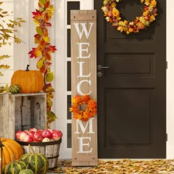 Glitzhome® 5ft. Brown Welcome Wood Porch Sign with 4 Changeable Wreaths