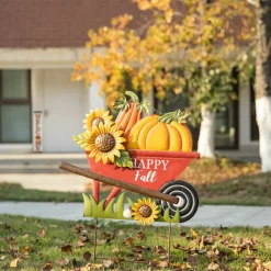 Glitzhome® 2.5ft. Fall Metal Wheel Barrow Pumpkin Yard Stake