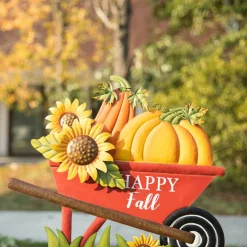 Glitzhome® 2.5ft. Fall Metal Wheel Barrow Pumpkin Yard Stake