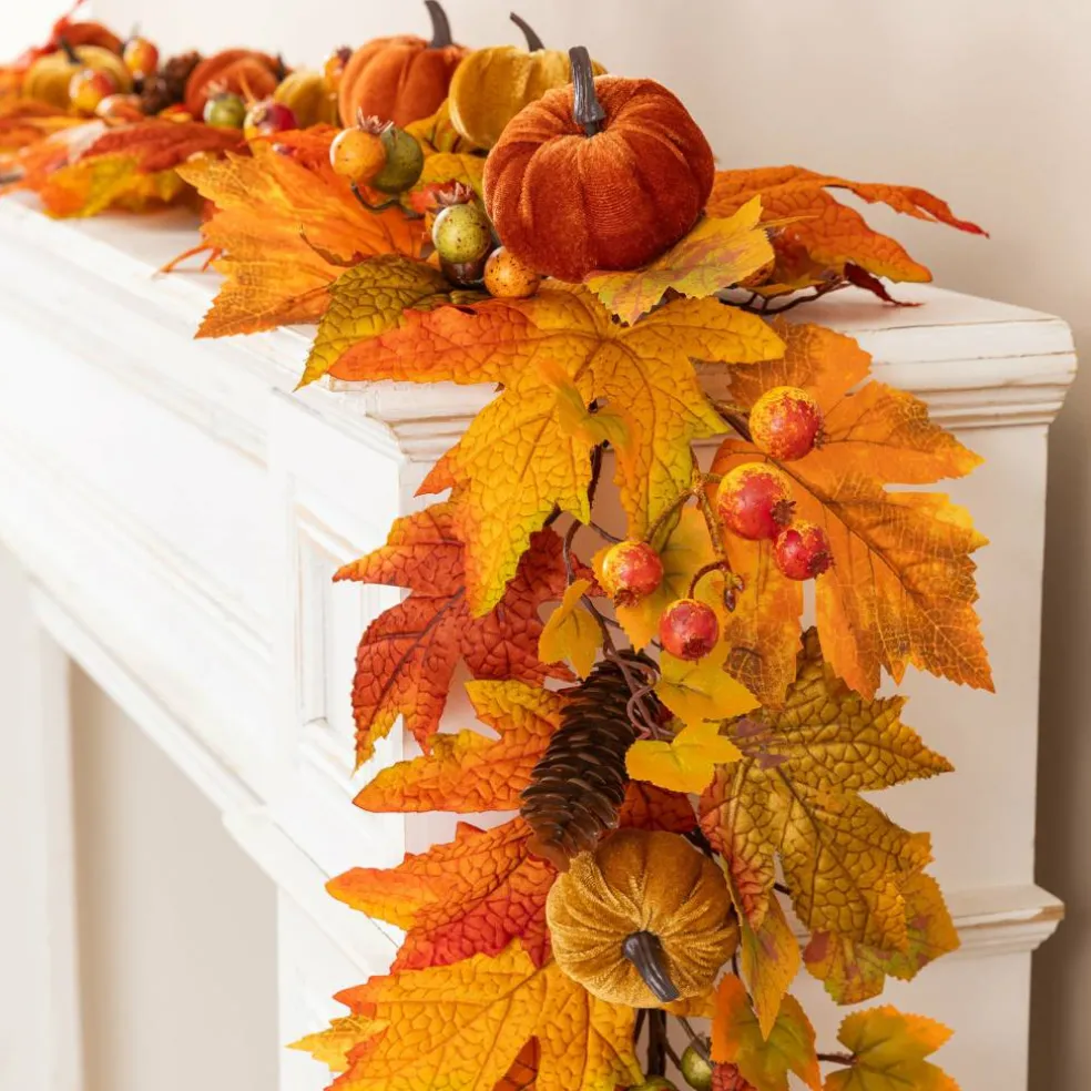 Glitzhome® 6ft Fall Velvet Pumpkin, Pinecone & Berry Garland