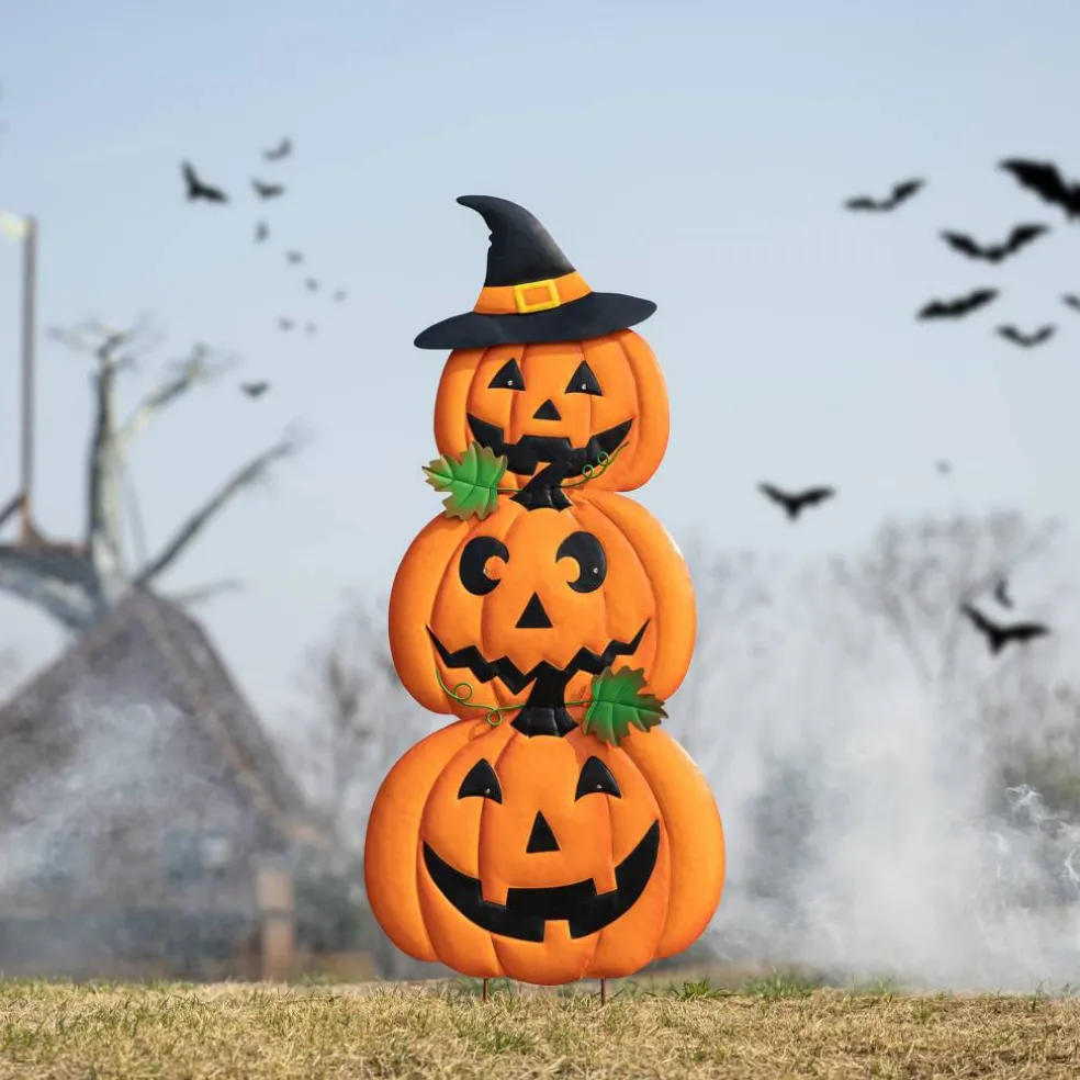 Glitzhome® 3.3ft. Halloween Lighted Metal Stacked Jack-O-Lantern Yard Stake Set with Timer