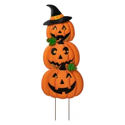 Glitzhome® 3.3ft. Halloween Lighted Metal Stacked Jack-O-Lantern Yard Stake Set with Timer
