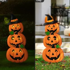 Glitzhome® 3.3ft. Halloween Lighted Metal Stacked Jack-O-Lantern Yard Stake Set with Timer