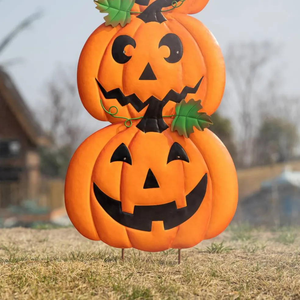 Glitzhome® 3.3ft. Halloween Lighted Metal Stacked Jack-O-Lantern Yard Stake Set with Timer