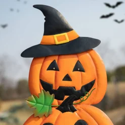 Glitzhome® 3.3ft. Halloween Lighted Metal Stacked Jack-O-Lantern Yard Stake Set with Timer