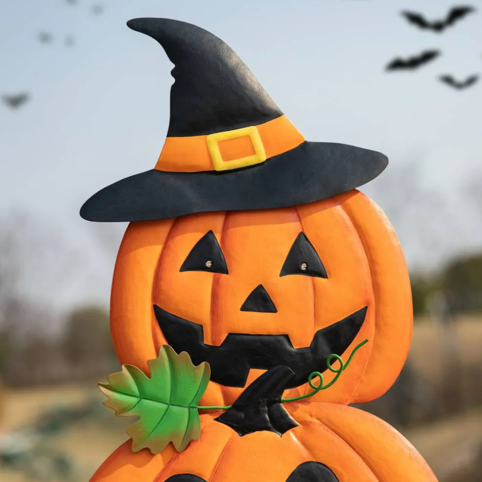 Glitzhome® 3.3ft. Halloween Lighted Metal Stacked Jack-O-Lantern Yard Stake Set with Timer