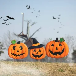 Glitzhome® 3.3ft. Halloween Lighted Metal Stacked Jack-O-Lantern Yard Stake Set with Timer