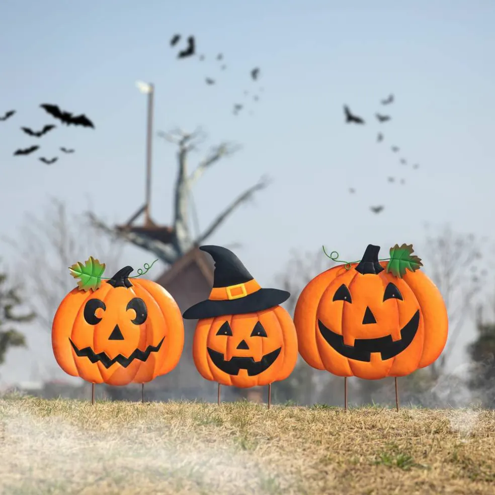 Glitzhome® 3.3ft. Halloween Lighted Metal Stacked Jack-O-Lantern Yard Stake Set with Timer