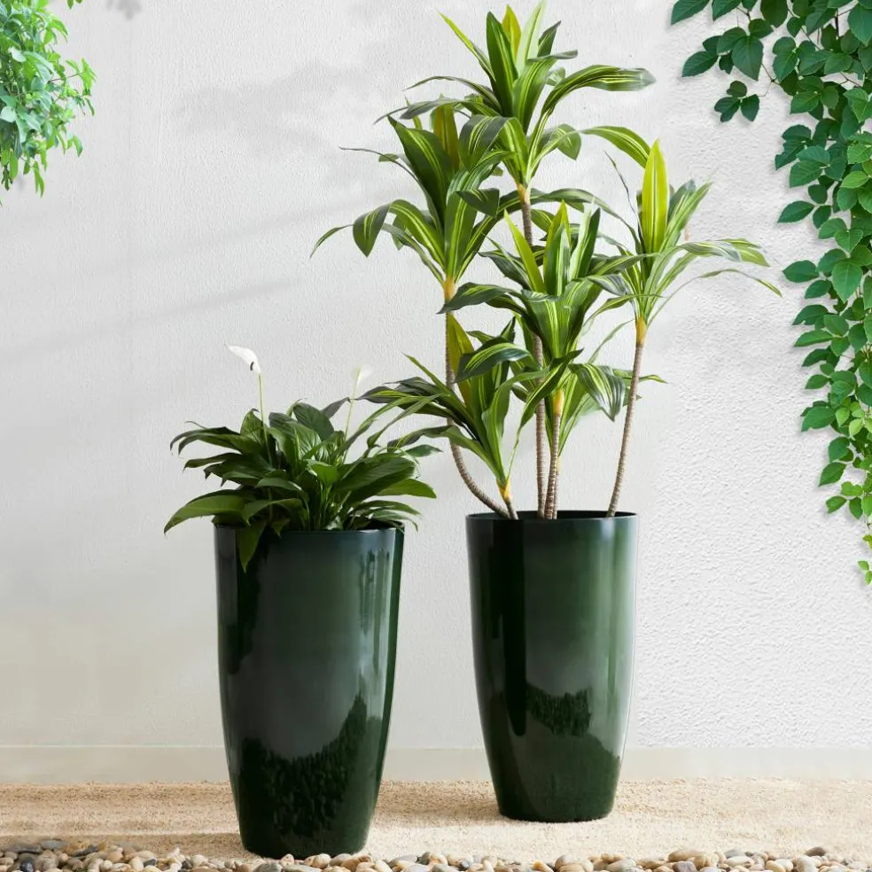 Glitzhome® 23.5" Gradient Green Faux Ceramic Tall Plastic Planters, 2ct.