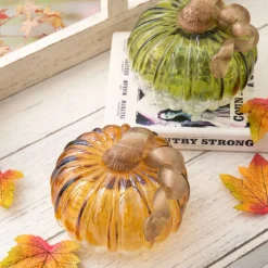 Glitzhome® Green & Amber Crackle Glass Short Pumpkin Set