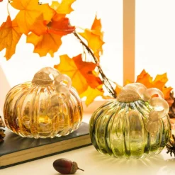 Glitzhome® Green & Amber Crackle Glass Short Pumpkin Set