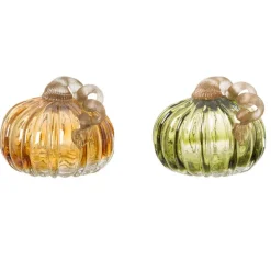 Glitzhome® Green & Amber Crackle Glass Short Pumpkin Set