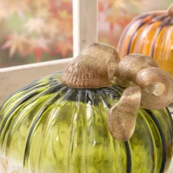 Glitzhome® Green & Amber Crackle Glass Short Pumpkin Set