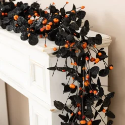 Glitzhome® 72" Halloween Eucalyptus Pumpkin Bat Garland