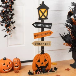Glitzhome® 36" Halloween Lighted Wooden Jack-O'-Lantern Lamp Post Porch Decor with Timer