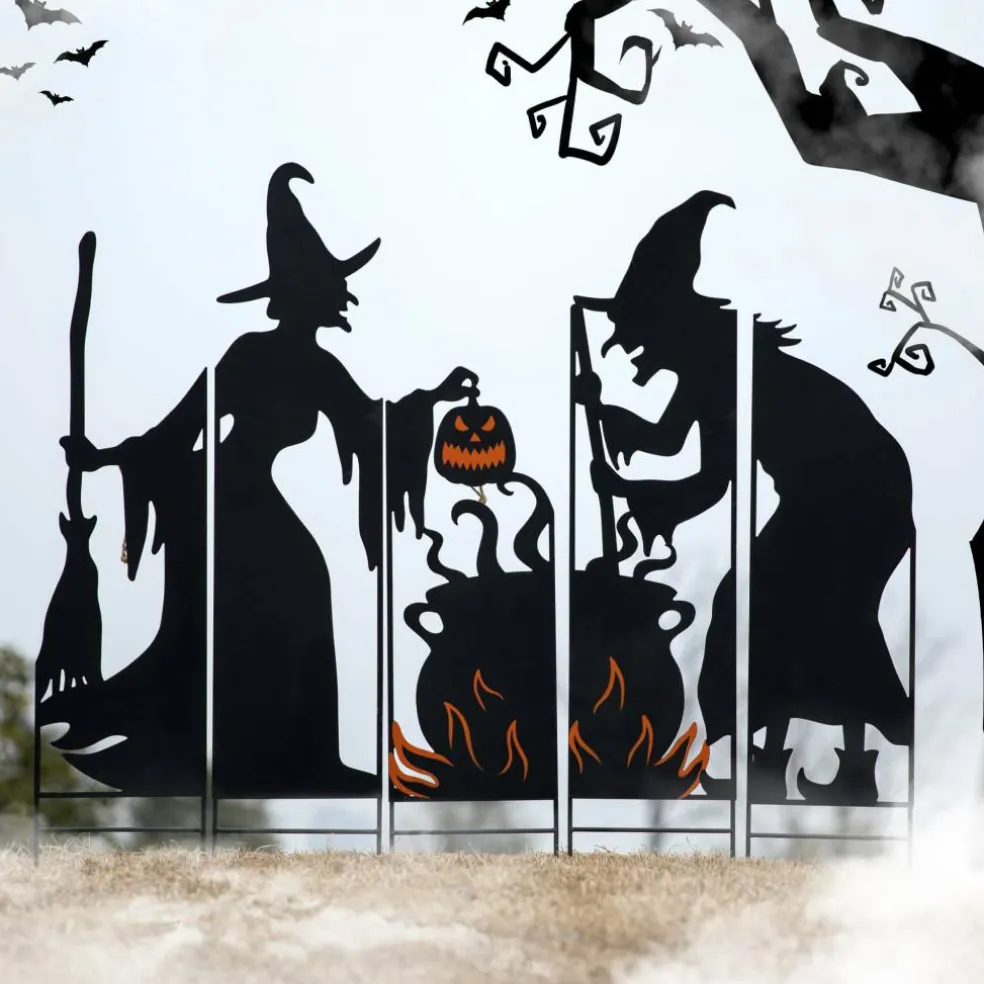 Glitzhome® 34.5" Halloween Metal Silhouette Witches With Cauldron Yard Stake Set
