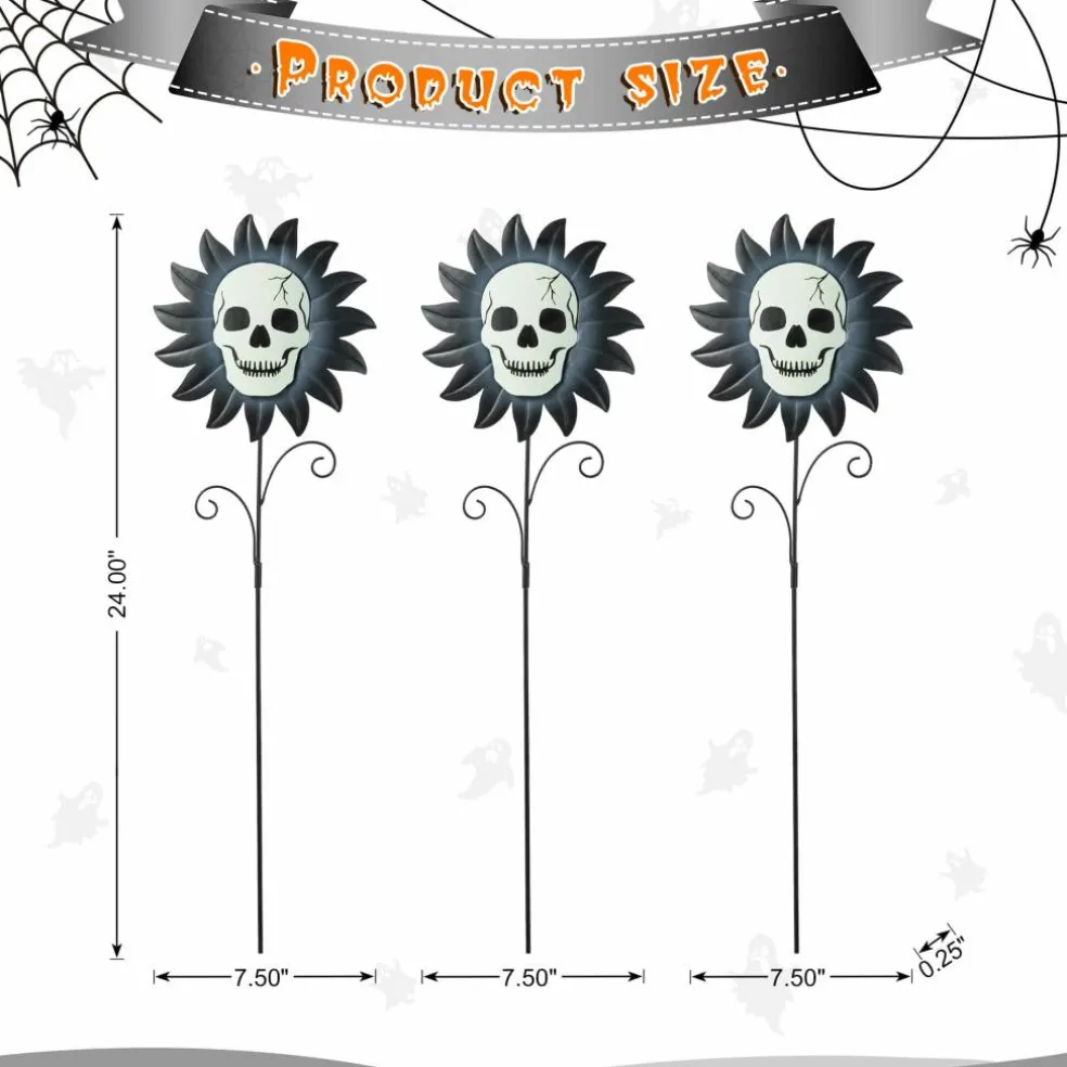 Glitzhome® 24" Halloween Metal Sunflower Skulls Glow-in-Dark Yard Stakes, 3ct.