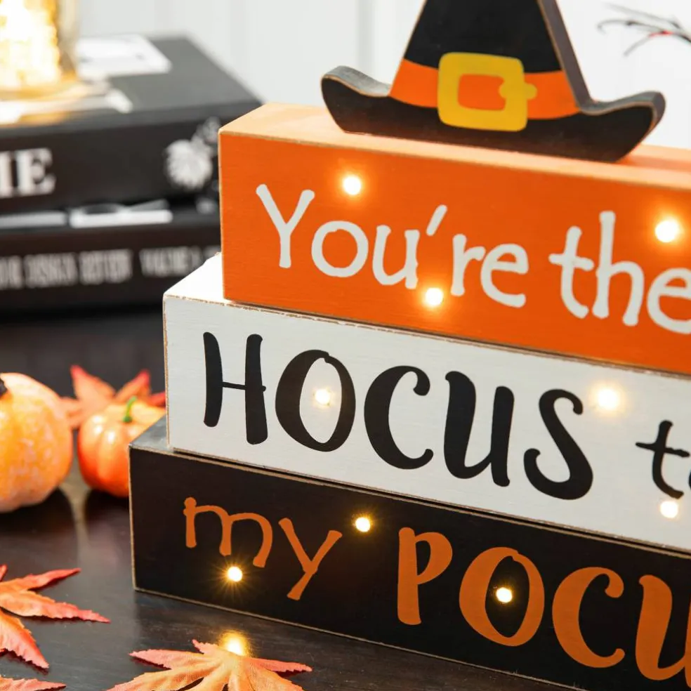 Glitzhome® 12" Halloween Wooden Lighted Word Block Table Décor with Timer