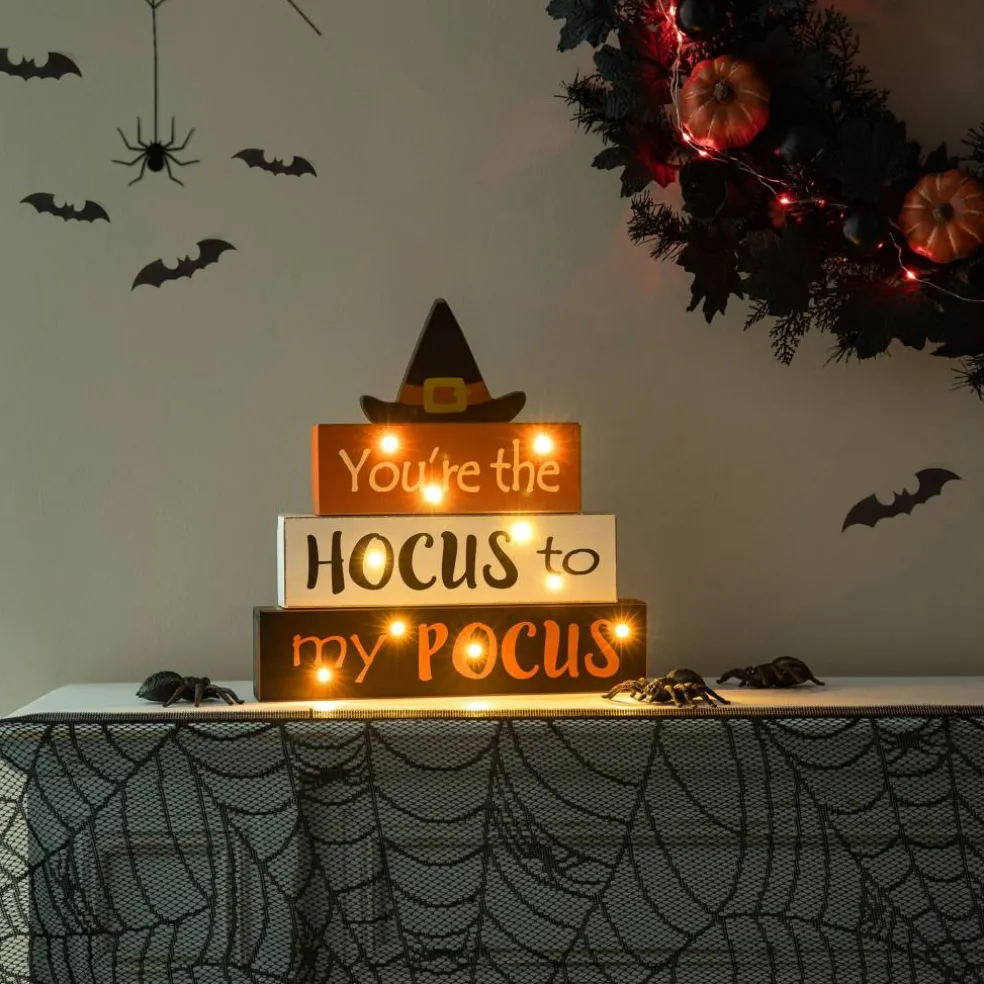 Glitzhome® 12" Halloween Wooden Lighted Word Block Table Décor with Timer