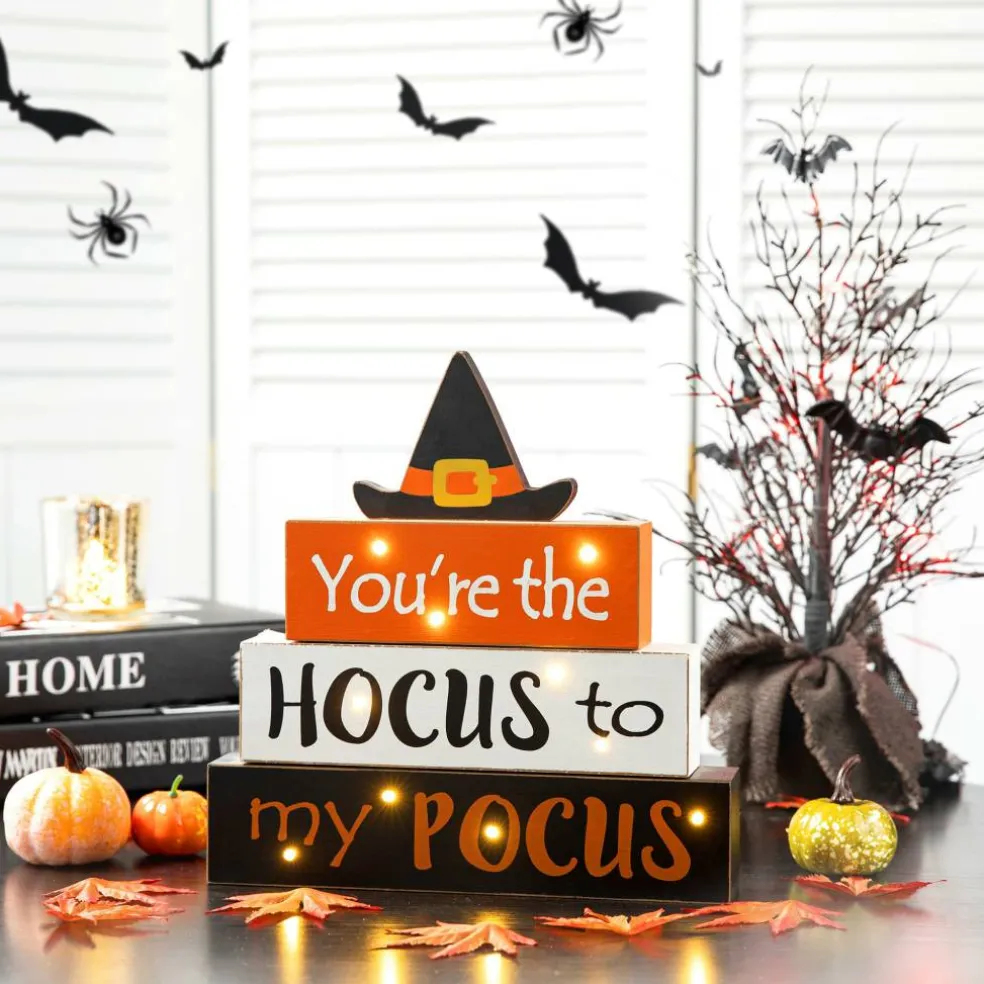 Glitzhome® 12" Halloween Wooden Lighted Word Block Table Décor with Timer