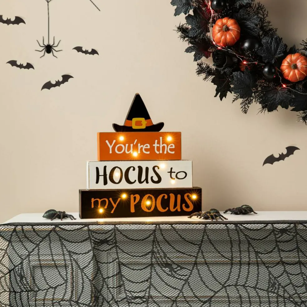 Glitzhome® 12" Halloween Wooden Lighted Word Block Table Décor with Timer