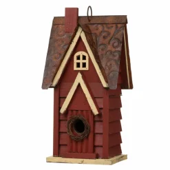 Glitzhome® 12" Hanging Distressed Red Cottage Solid Wood Birdhouse