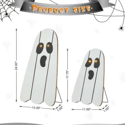 Glitzhome® 24"H Halloween Lighted Wooden White Ghost Porch Decor with Timer Set