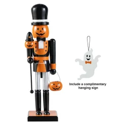 Glitzhome® 18.5"H Halloween Wooden Pumpkin Nutcracker with Ghost Ornament