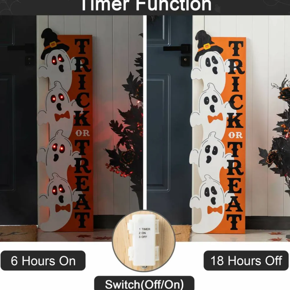 Glitzhome® 42"H Lighted Halloween Wooden Stacked Ghost Porch Sign with Timer
