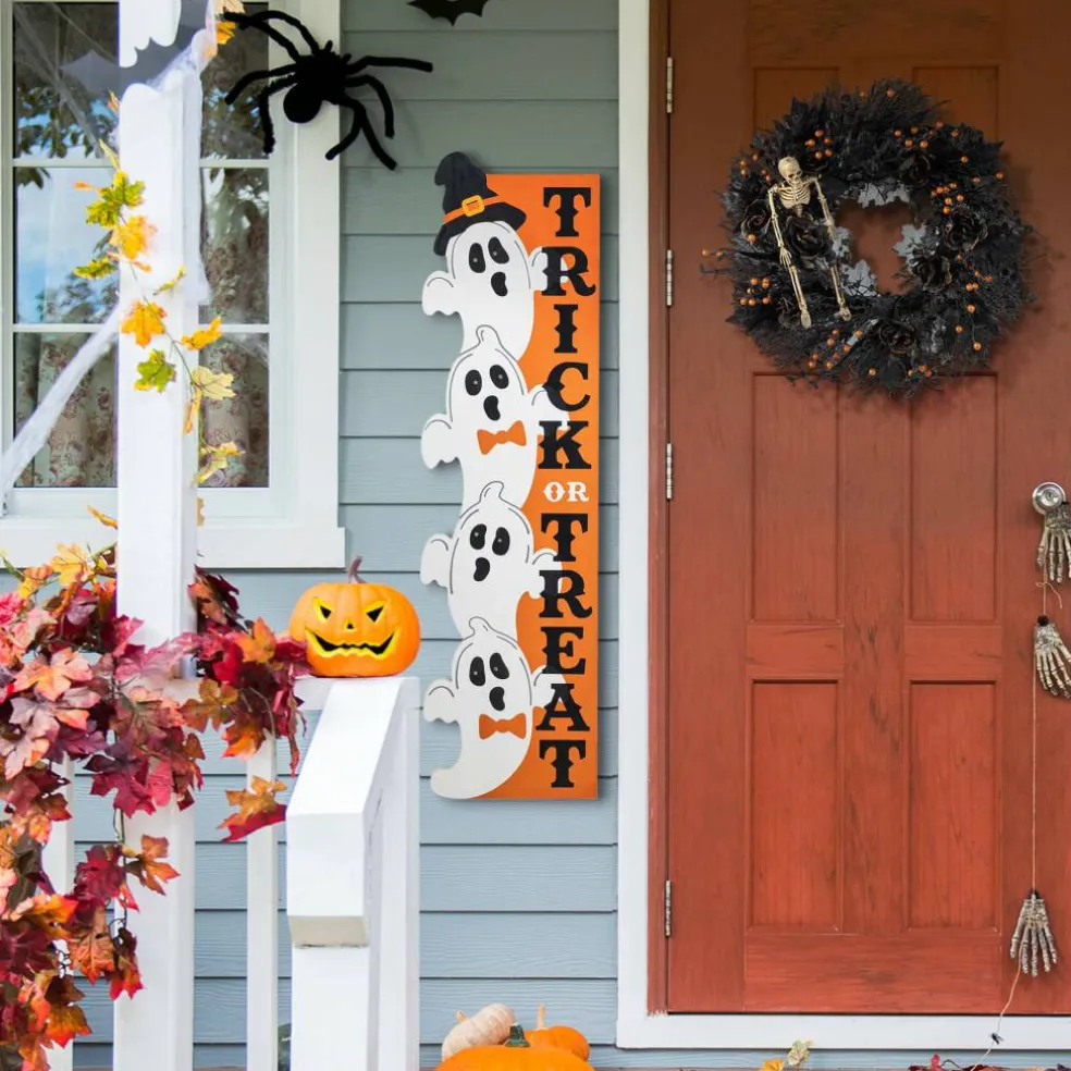 Glitzhome® 42"H Lighted Halloween Wooden Stacked Ghost Porch Sign with Timer