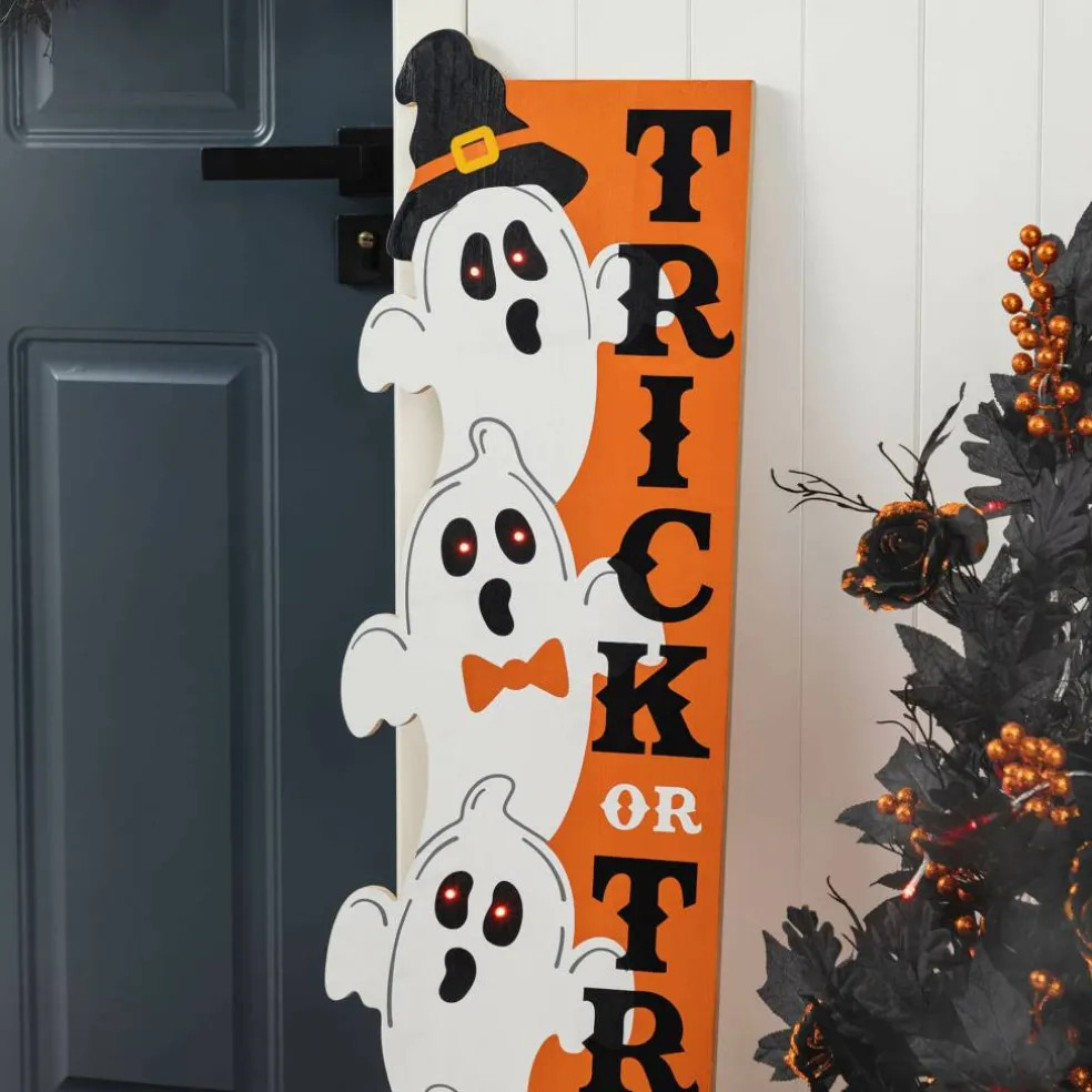 Glitzhome® 42"H Lighted Halloween Wooden Stacked Ghost Porch Sign with Timer