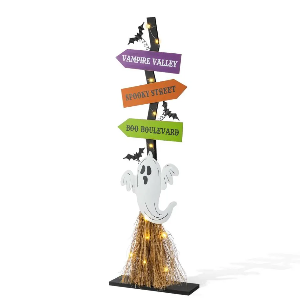 Glitzhome® 41.75"H Lighted Halloween Wooden Ghost's Broom Porch Decor