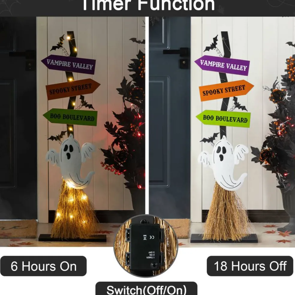 Glitzhome® 41.75"H Lighted Halloween Wooden Ghost's Broom Porch Decor