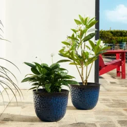 Glitzhome® 15.25" Honeycomb Textured Cobalt Blue Faux Ceramic Plastic Planters, 2ct.