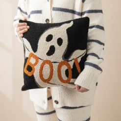 Glitzhome® 14" Hooked Halloween Ghost "BOO" Pillow