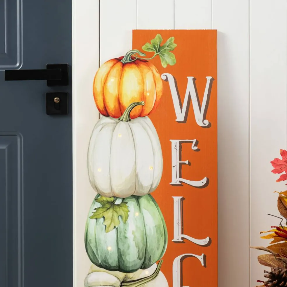 Glitzhome® 42" Lighted Fall Wood Stacked Pumpkins Welcome Porch Sign with Timer