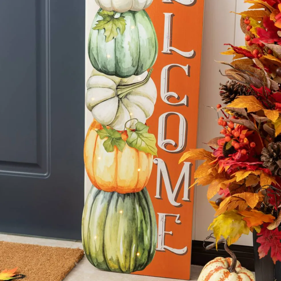 Glitzhome® 42" Lighted Fall Wood Stacked Pumpkins Welcome Porch Sign with Timer