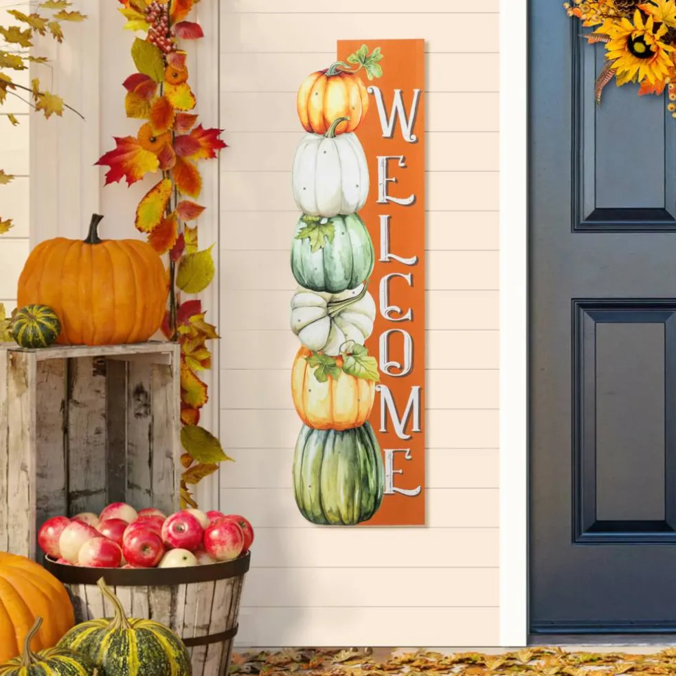 Glitzhome® 42" Lighted Fall Wood Stacked Pumpkins Welcome Porch Sign with Timer