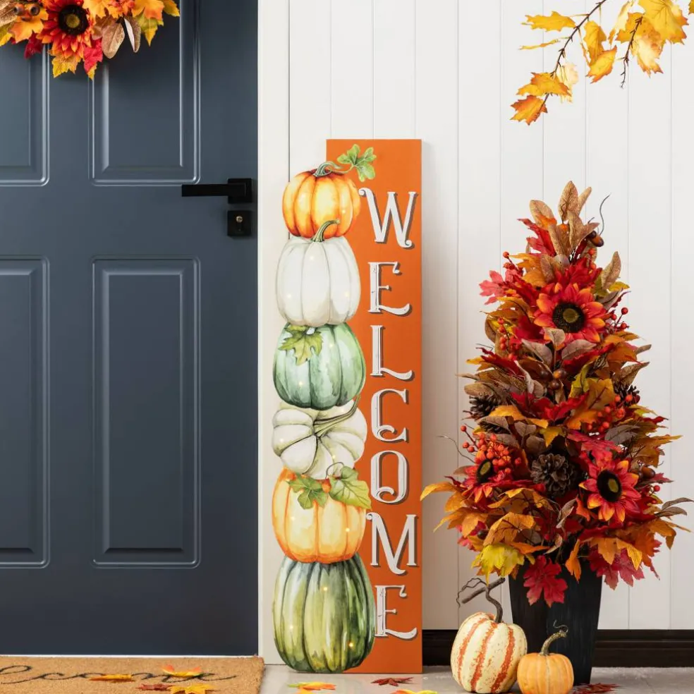 Glitzhome® 42" Lighted Fall Wood Stacked Pumpkins Welcome Porch Sign with Timer